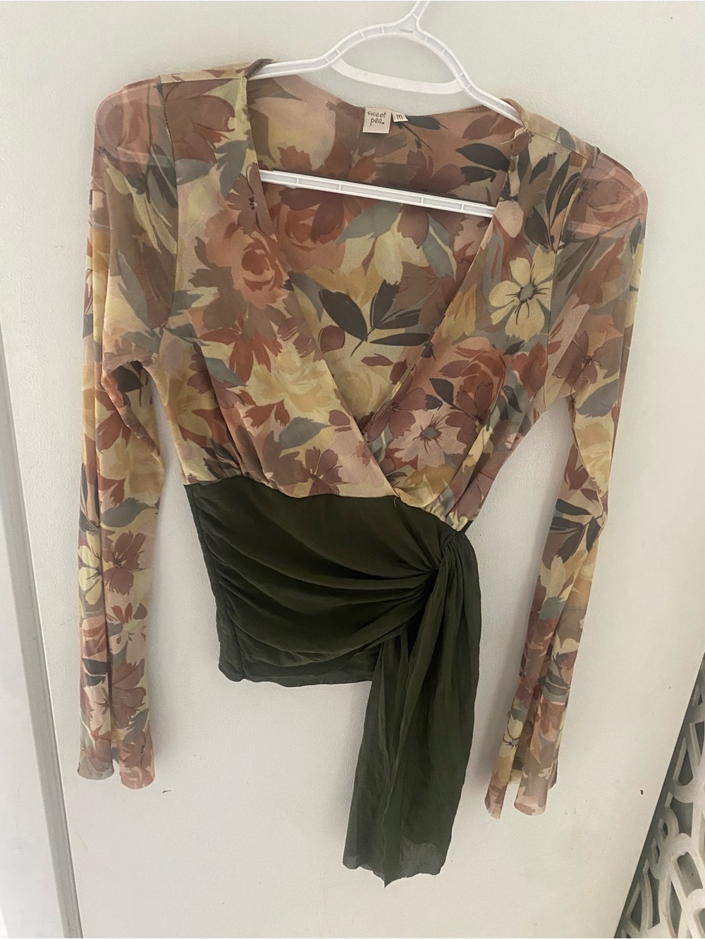 Y2K Sweet Pea Olive and Multicolor Floral Wrap Blouse